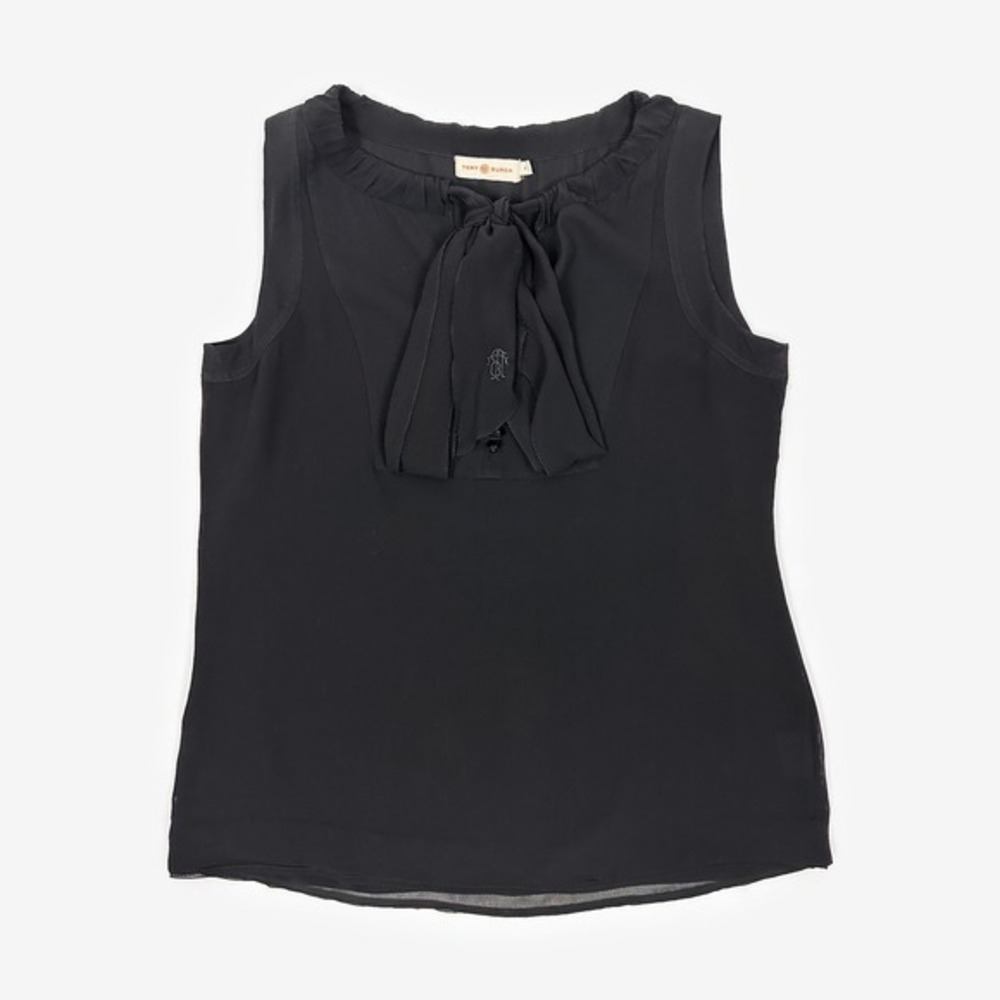 Tory Burch Blouse Size 8 Black Silk Bow Tie Neck Minimalist Quiet Luxury Office